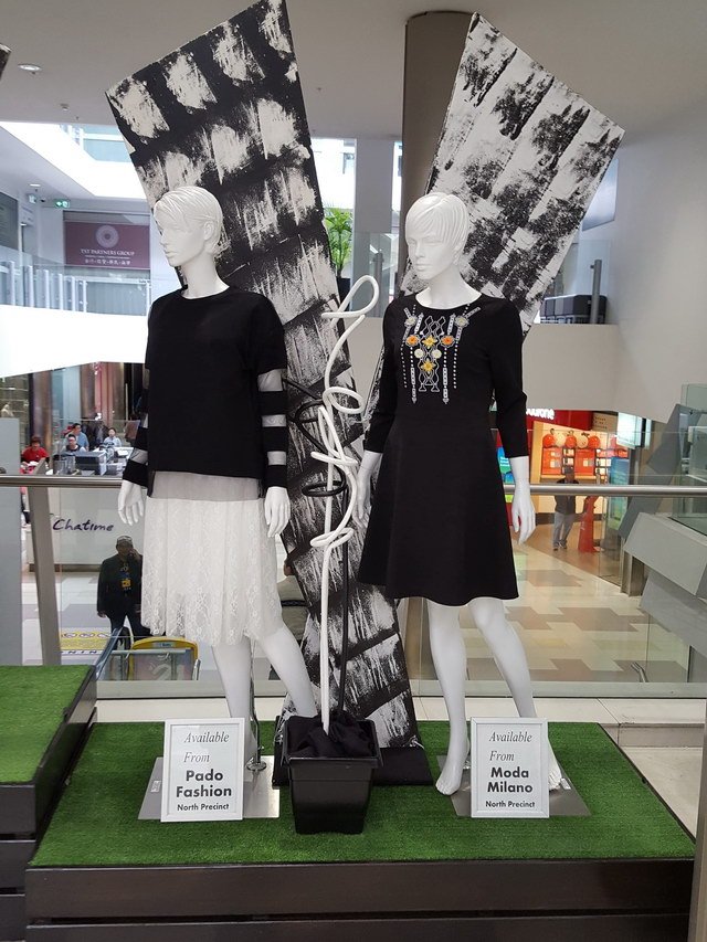 Freestanding black and white mannequins. Display by Silent Salesman, Melbourne.